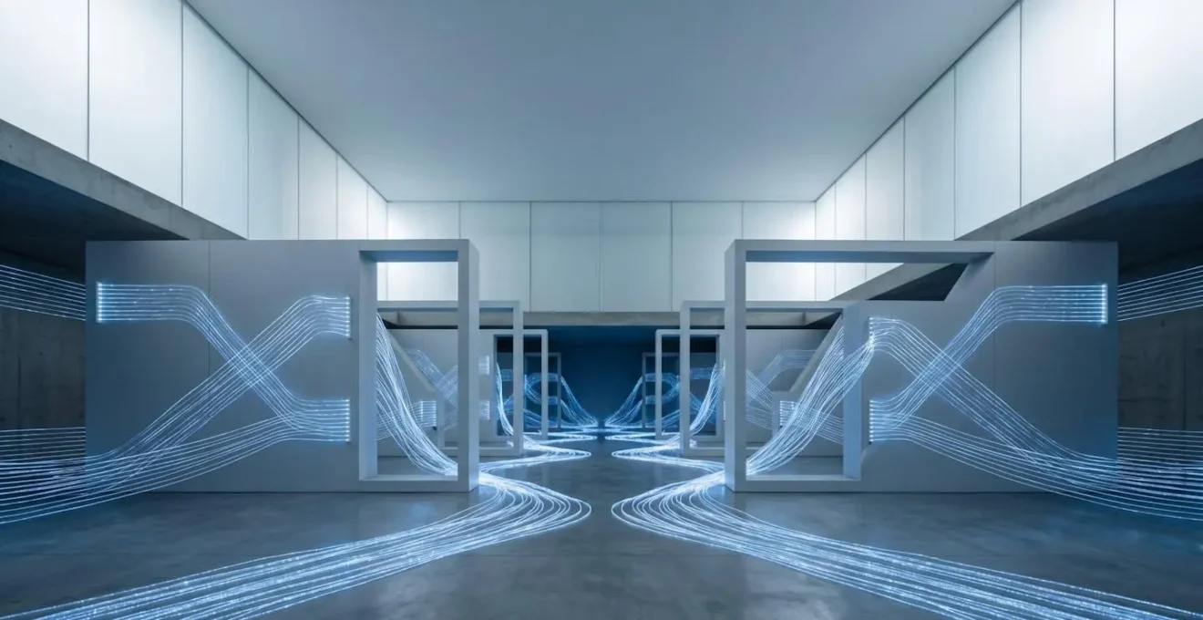 Visualisation conceptuelle de la transmission de données à travers un réseau de fibres optiques pour la chirurgie à distance