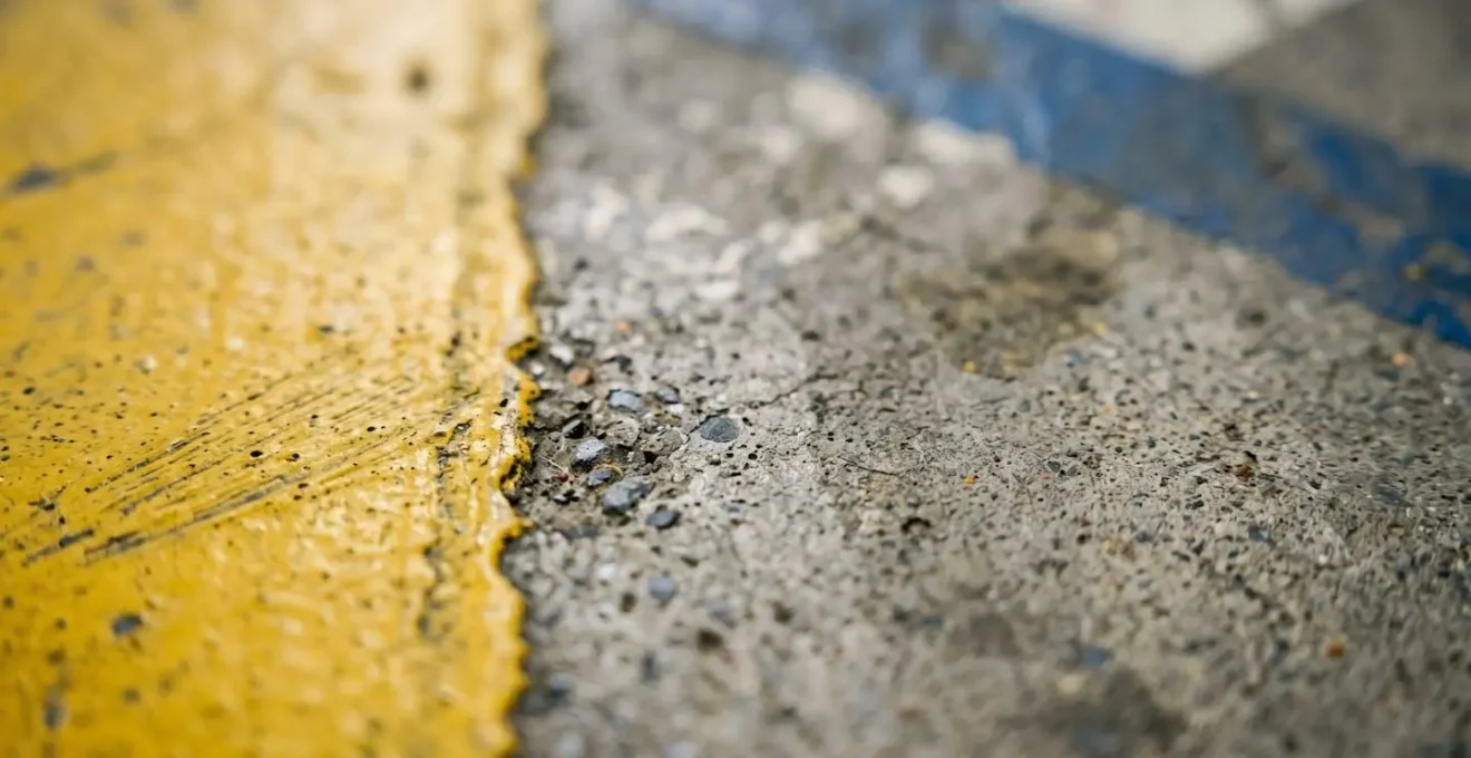 Marquages au sol colorés et motifs géométriques définissant les zones de circulation dans un entrepôt industriel