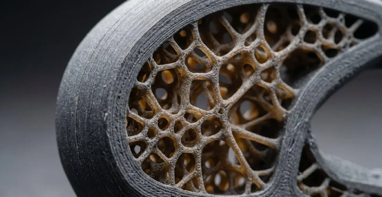 Gros plan macro sur mors de préhenseur en plastique imprimé en 3D avec structure alvéolaire organique pour allègement maximal