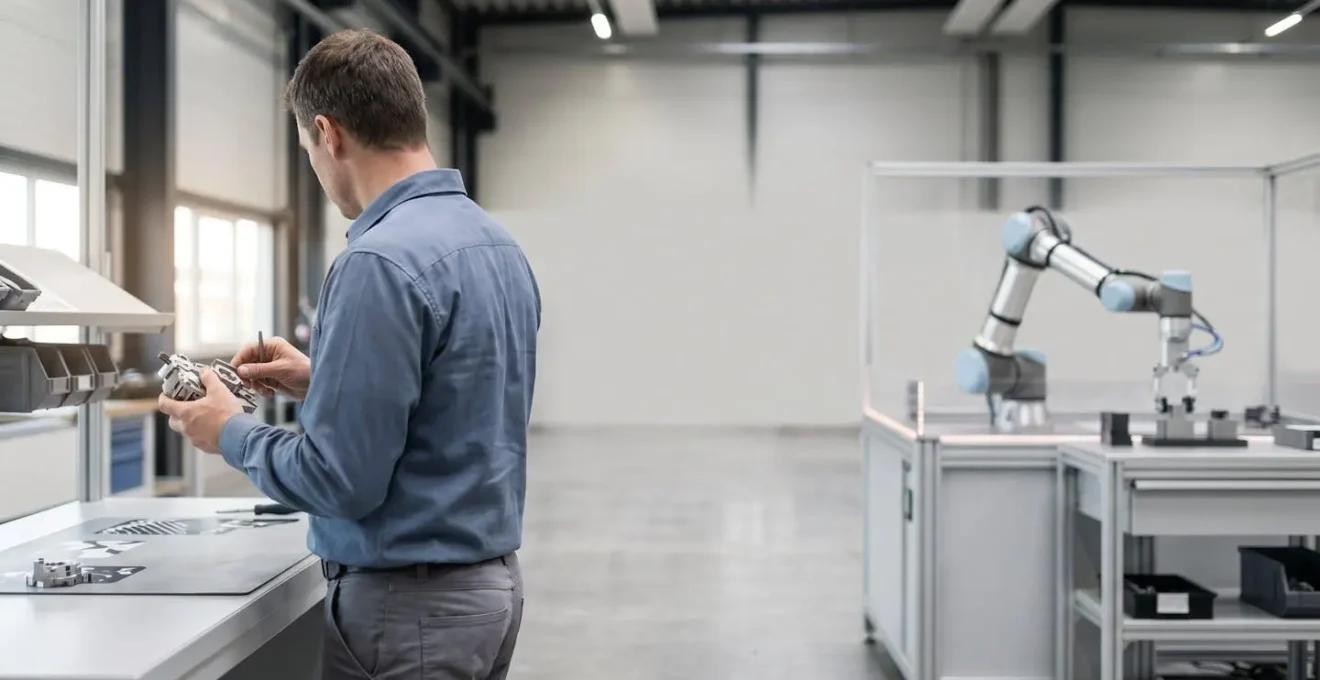 Opérateur effectuant du contrôle qualité pendant qu'un cobot gère les tâches répétitives en arrière-plan