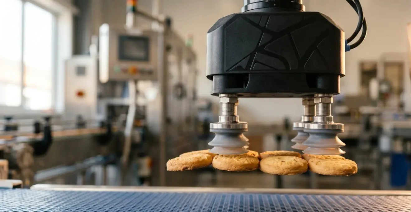 Préhenseur robotique multi-ventouses saisissant simultanément quatre biscuits fragiles