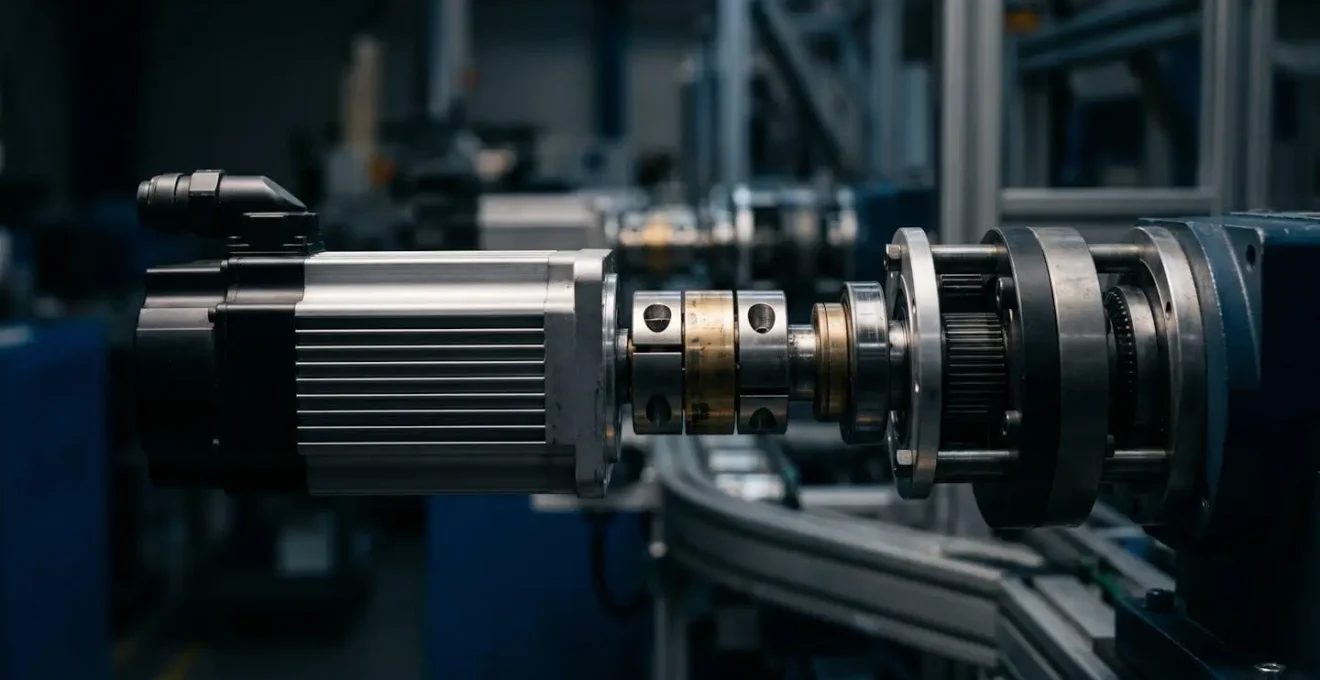 Servomoteur industriel en mouvement illustrant les profils d'accélération optimisés pour réduire les vibrations et l'usure mécanique