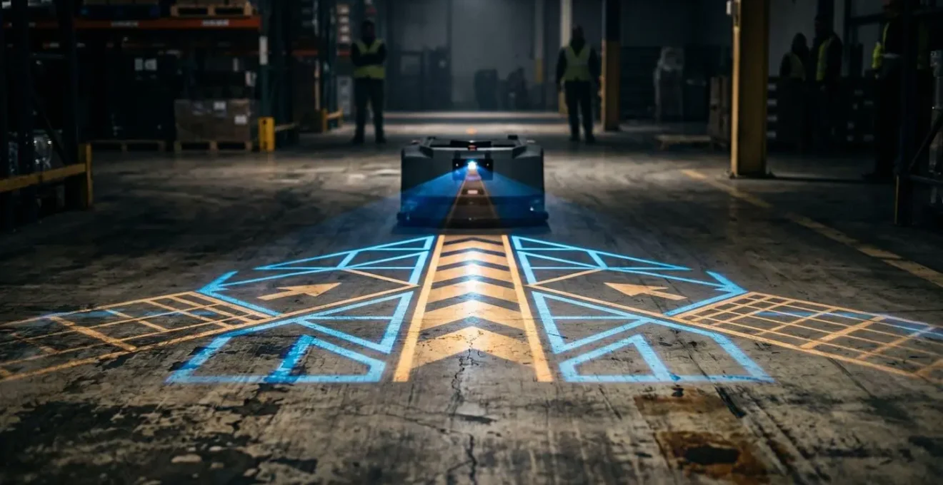 Projection au sol d'une zone de sécurité lumineuse autour d'un AGV dans un entrepôt avec piétons