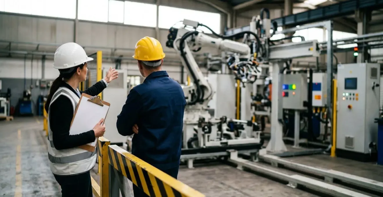 Deux professionnels examinant une installation robotique lors d'une réception finale dans un environnement industriel