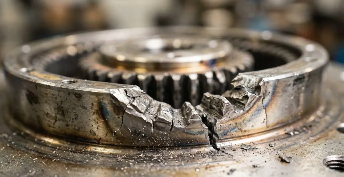 Détail macro d'un réducteur harmonique endommagé suite à une collision robotique