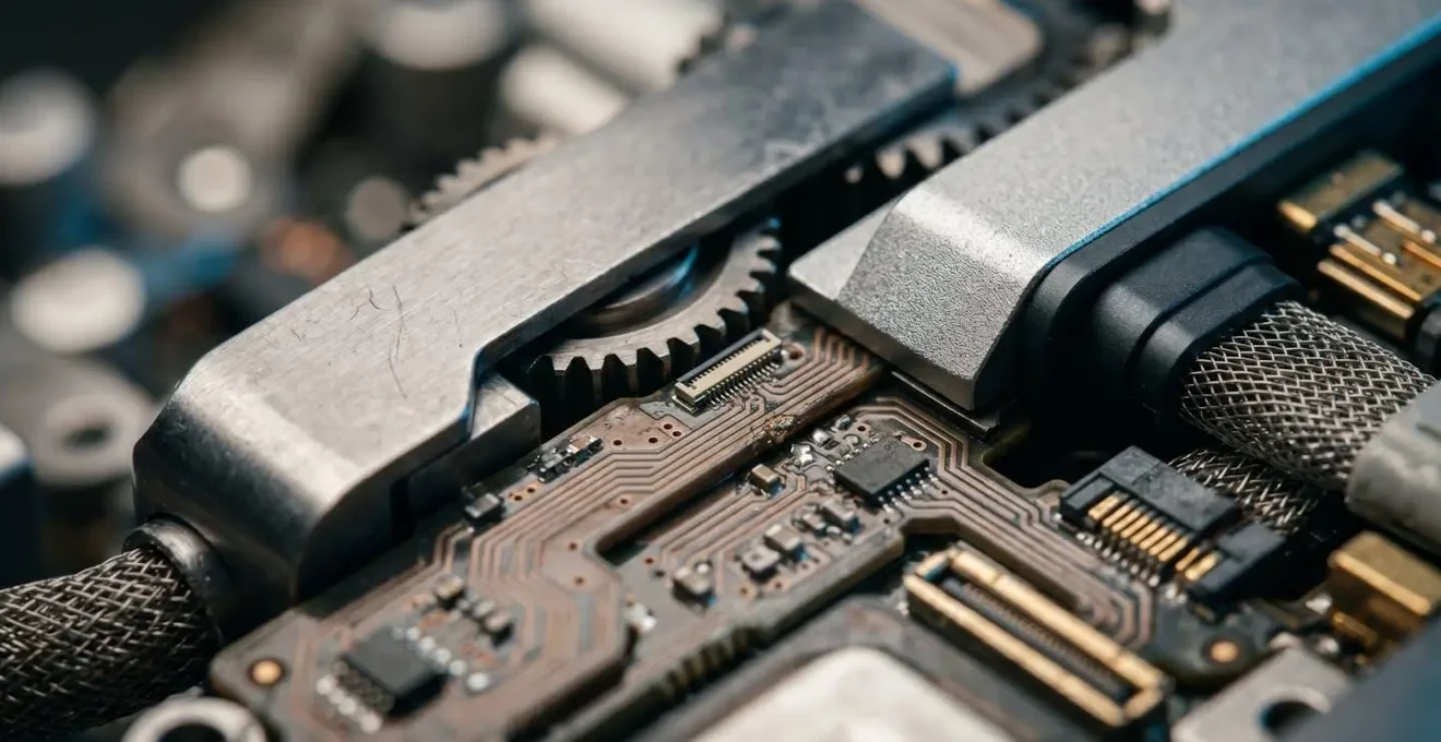 Gros plan sur des composants électroniques et mécaniques lors d'une opération de rétrofit machine