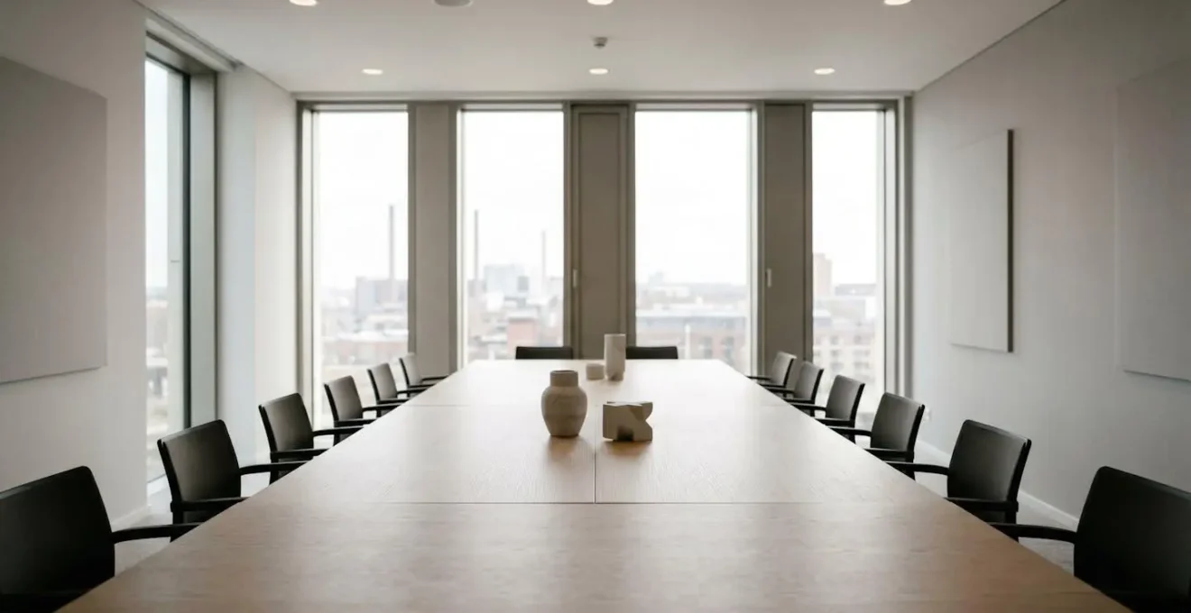 Vue environnementale minimaliste d'un espace de réunion professionnel vide avec grande table de conférence et lumière naturelle douce