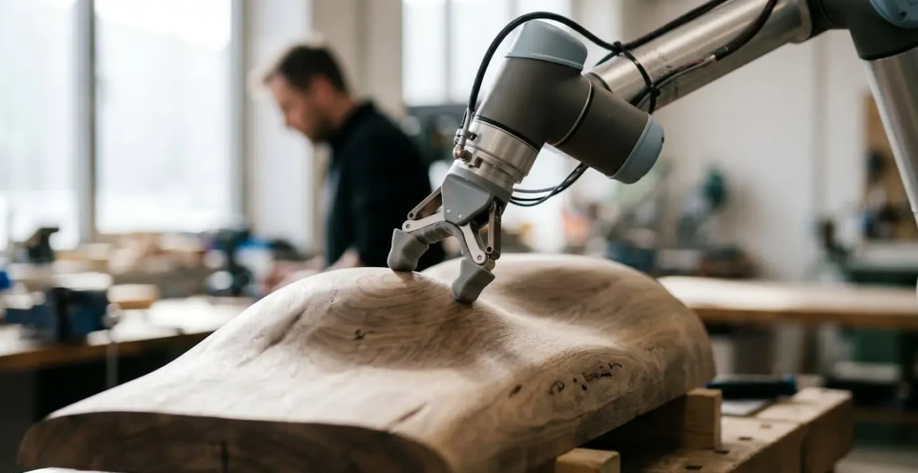 Robot industriel effectuant un suivi de contour sur une surface complexe avec contrôle de force adaptatif