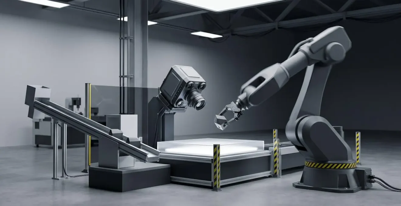 Vue d'ensemble d'une cellule robotique avec robot et peripheriques synchronises en mouvement concurrent