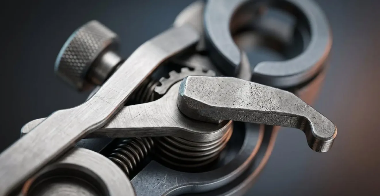 Vue macro rapprochée d'un mécanisme de sécurité industriel montrant les détails de surface