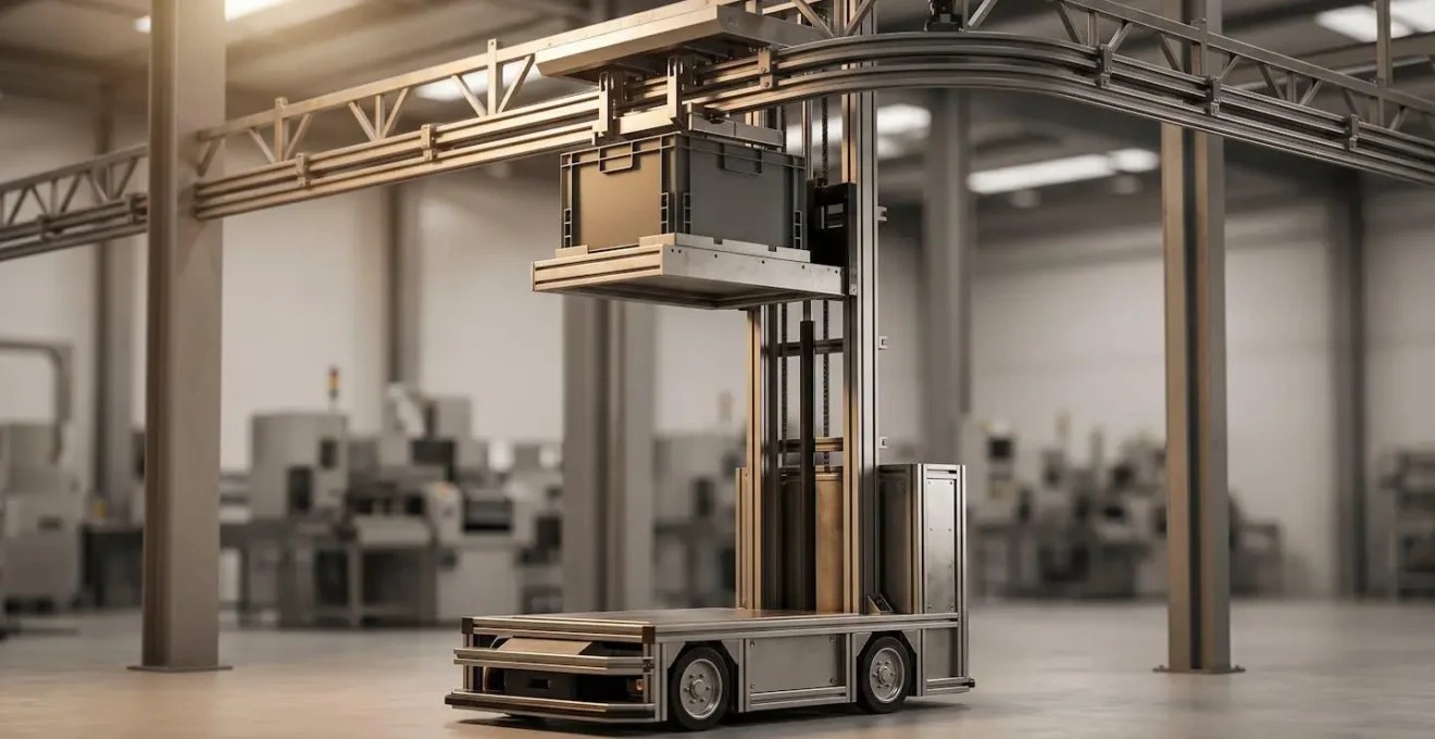 Système hybride combinant robot AGV et convoyeur aérien pour transport de charges industrielles