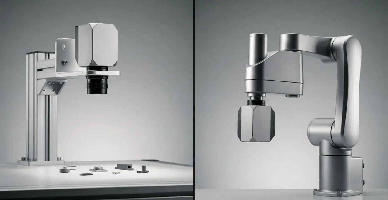 Composition symétrique montrant deux configurations de vision robotique : caméra fixe surplombant la zone de travail et caméra intégrée au bras robotique