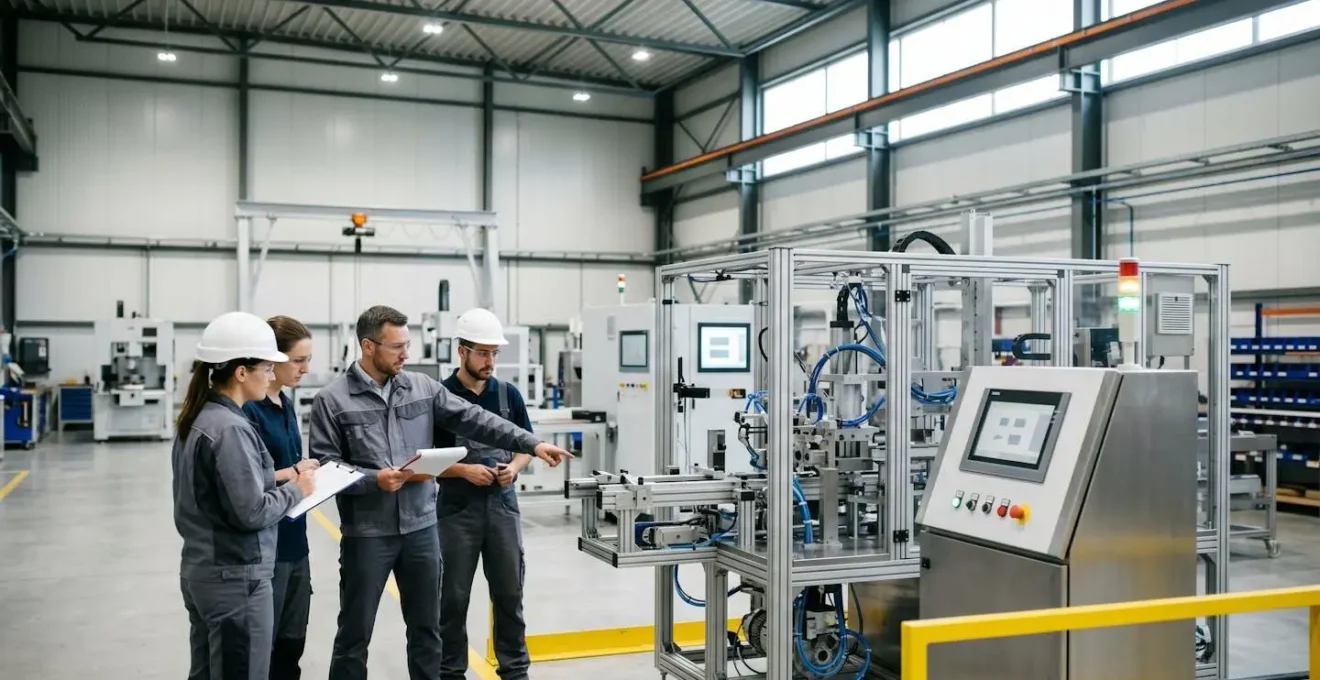 Session de test d'acceptation en usine avec équipes techniques validant les performances d'un équipement automatisé