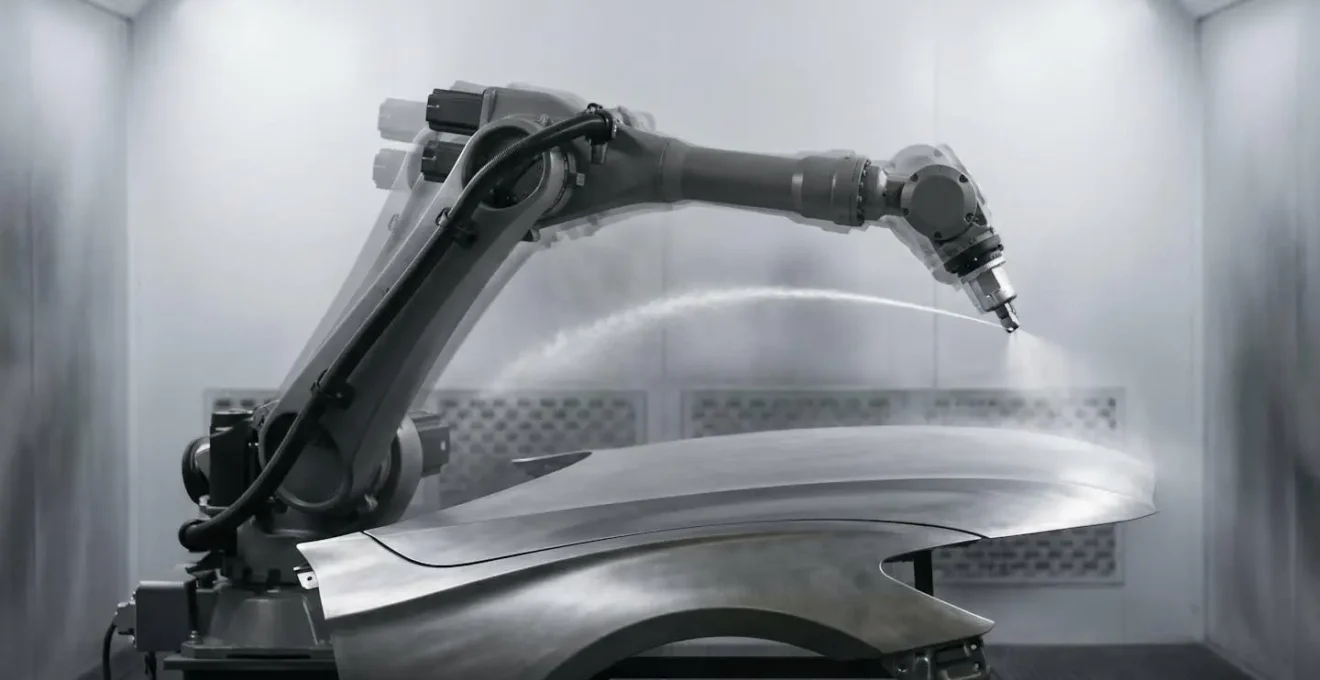 Vue environnementale d'un bras robotique suivant une trajectoire programmée sur une pièce courbe avec une distance constante
