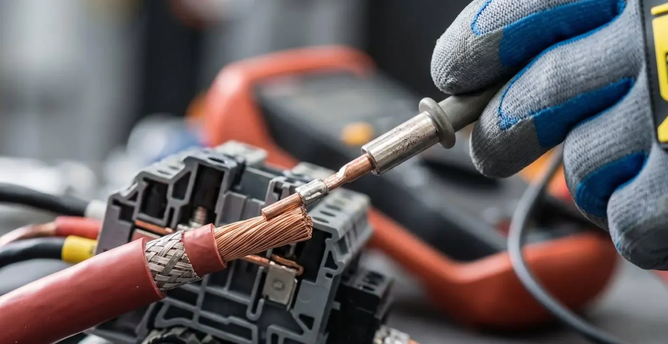 Gros plan sur des mains d'électricien vérifiant la continuité électrique de câbles industriels avec un multimètre numérique